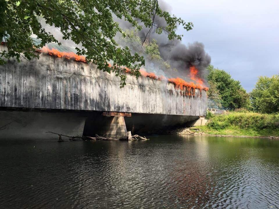 Water level view of the Salisbury Station Covered Bridge fire